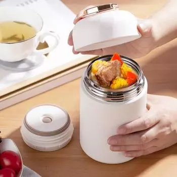 Контейнер для пищевых колб из нержавеющей стали на 600 мл со складной ложкой, нескользящей ручкой, герметичная банка для пищевых продуктов, контейнер для супа для горячих и холодных блюд 600ML белый