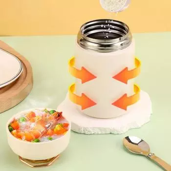 Контейнер для пищевых колб из нержавеющей стали на 600 мл со складной ложкой, нескользящей ручкой, герметичная банка для пищевых продуктов, контейнер для супа для горячих и холодных блюд 600ML белый