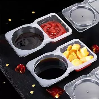 Контейнер для приправ с двумя отделениями и крышками, одноразовая коробка для соуса, герметичный держатель для соусов, закусок, салатов 10pcs прозрачный