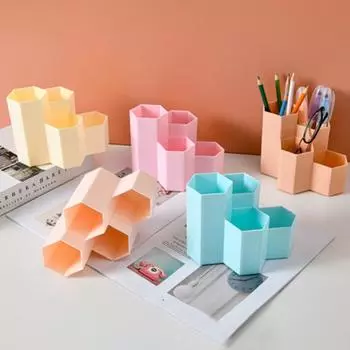 Контейнер для ручек, многофункциональный, большой емкости, экономный стол, шестигранная ручка, держатель для кистей для макияжа, офисные канцелярские принадлежности светло-розовый