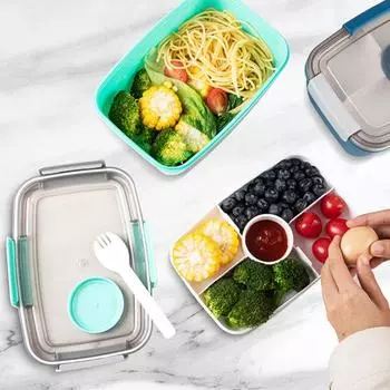 Контейнер для салата, ланч-бокс, 5 отсеков, большая вместимость, штабелируемый, герметичный контейнер для салата, не содержащий бисфенола-А, с ложкой синий