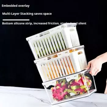 Контейнеры для хранения фруктов с дуршлагами. Герметичный сливной ящик. Без бисфенола-А. Можно мыть в посудомоечной машине. Штабелируемый компактный органайзер для хранения в холодильнике. Small серый