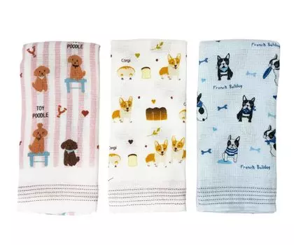 Kontex Tenugui Face Towel Set Cloth Calendar French Bulldog and (Tenugui) (3-Piece Set) - (Toy Poodle, Blue, Corgi)