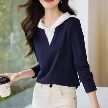 Контрастная цветная поддельная двухкомпонентная футболка с капюшоном. Осень. Новая повседневная свободная и универсальная футболка с длинными рукавами для женщин. S