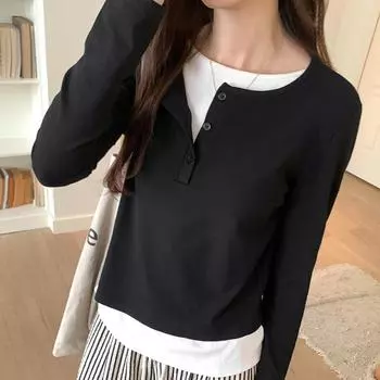 Контрастная цветная поддельная футболка из двух частей с длинными рукавами для женщин, новый осенний топ с круглым вырезом, свободная и универсальная рубашка-нижняя часть S