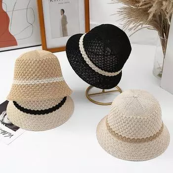 Контрастная цветная шляпа-ведро женская летняя интернет-знаменитость вязаная полая шапка-ведро простая закрывающая лицо шляпа-ведро универсальная Adult average size 55-57cm
