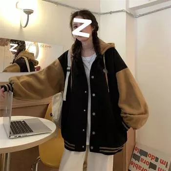 Контрастная цветная строчка с капюшоном, куртка-толстовка для женщин, осень и зима, новый корейский стиль, свободная студенческая универсальная бейсбольная форма, тренд S S size recommends 35kg--42.5 kg