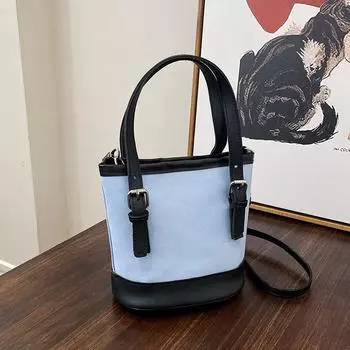 Контрастная цветная сумка-тоут в стиле ретро для женщин 2024 года, новая модная корейская сумка-тоут, универсальная сумка-ведро большой вместимости синий