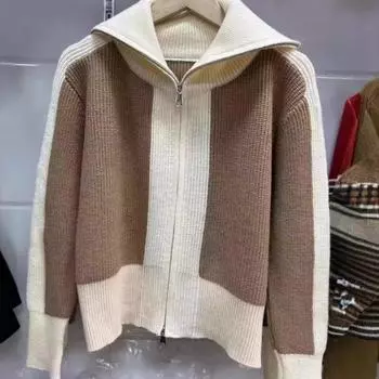 Контрастная цветная вставка лацкан свитер куртка кардиган женский новый дизайн двусторонняя молния вязаный свитер тренд one size fits all