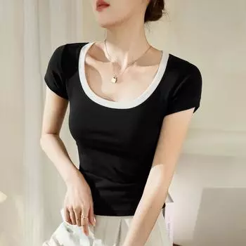 Контрастная цветовая гамма с большим U-образным вырезом, хлопковая футболка, женская летняя сексуальная новая утягивающая футболка с короткими рукавами S