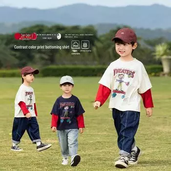 Контрастная детская футболка Nausicaa 2025 Spring - корейский стиль, два в одном, мультфильм для мальчиков и девочек 100 cm