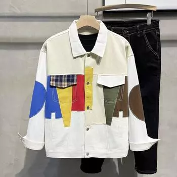 Контрастная джинсовая куртка Сезонная американская свободная мужская куртка для инструментов Модный бренд Универсальный дизайн Топ M