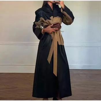 Контрастная кожаная длинная женская куртка со шнуровкой на лацканах с длинным рукавом, женская макси-куртка из искусственной кожи, осенне-зимнее уличное женское пальто с карманами S чёрный