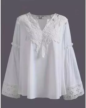 Контрастная кружевная блузка с v-образным вырезом больших размеров, однотонная блузка с длинными рукавами для отпуска на весну и осень, женская одежда больших размеров 1XL белый