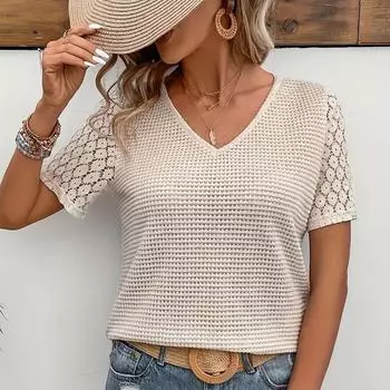 Контрастная кружевная футболка с вырезом, элегантная футболка с коротким рукавом и v-образным вырезом на весну и лето, женская одежда S