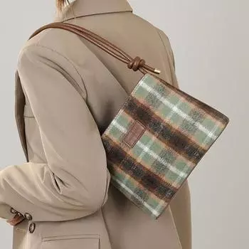 Контрастная осенне-зимняя сумка-ведро из шерстяной ткани в клетку, женская сумка-ведро с нишевой текстурой, студенческая универсальная сумка через плечо зелёный
