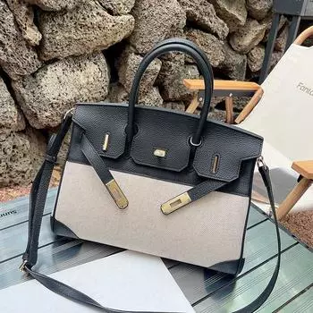 Контрастная платиновая сумка Женская сумка-мессенджер Повседневная парусиновая сумка с кожаными вставками Большая вместительная сумка на плечо Кожаная сумочка 30*9.5*17.5 cm чёрный