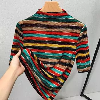 Контрастная полосатая футболка женская тонкая новая европейская женская одежда полуводолазка рубашка в иностранном стиле эластичный топ S