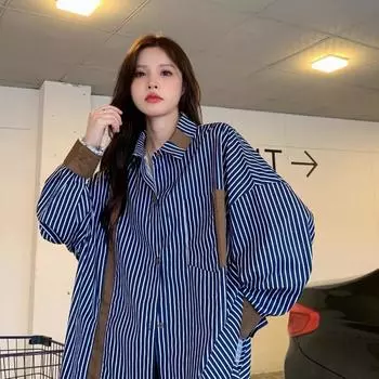 Контрастная полосатая рубашка для женщин, свободные рубашки с длинными рукавами и лацканами в стиле ретро, повседневные шикарные универсальные блузки для корейских женщин M синий