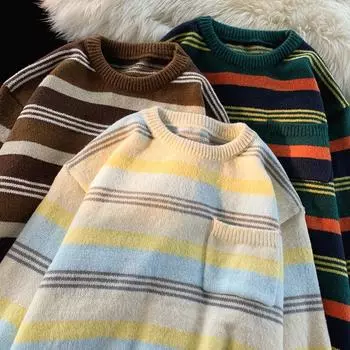 Контрастная полосатая шерстяная одежда для мужчин на осень и зиму, свободные свитера с круглым вырезом в стиле Гонконга, модные ретро-свитера в стиле кэжуал M
