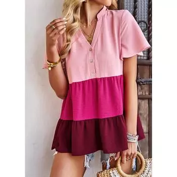Контрастная рубашка с v-образным вырезом для женских летних свободных повседневных блузок с короткими рукавами S розовый