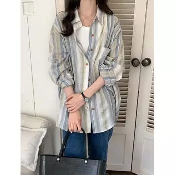 Контрастная рубашка в полоску с комбинированным цветом, женская весна-лето, новая свободная рубашка с длинными рукавами и солнцезащитным кремом S синий