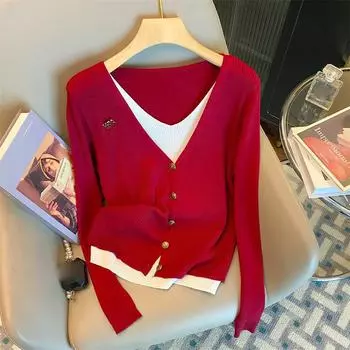 Контрастная строчка имитация двухсекционного трикотажного кардигана для осени и зимы женский свободный и универсальный тонкий топ с длинными рукавами One size серый