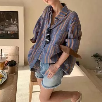 Контрастная строчка полосатая рубашка женская весенне-летняя солнцезащитная одежда тонкий срез XS