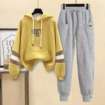 Контрастная строчка с капюшоном и буквенным принтом, свободная повседневная рабочая одежда, брюки, комплект из двух предметов, женский спортивный костюм XXXL