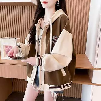 Контрастная толстовка с капюшоном Pre-Fall, женская, осенне-зимняя, свободного покроя, большого размера, маленькая, повседневная, бейсбольная форма, куртка M зелёный