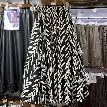 Контрастная юбка полудлины с французским ретро-принтом для женщин с высокой талией и эффектом похудения, стильная юбка А-силуэта с широкими бретелями M чёрный