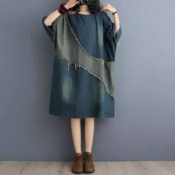 Контрастное цветное джинсовое платье с прошивкой, женское, весна-лето, новое, свободное, средней и длинной длины, с грубой кромкой, с толстым краем M