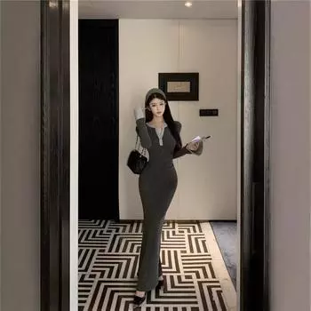 контрастное цветное сращивание платье с длинными рукавами женская одежда осень и зима талия облегающая трикотажная юбка с запахом бедра темперамент длинная юбка S темно-серого