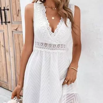 Контрастное кружевное платье-майка с глубоким вырезом, сексуальное летнее платье со шнуровкой сзади, женская одежда