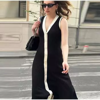 Контрастное трикотажное длинное платье для женщин без рукавов с V-образным вырезом, облегающее платье в стиле хип-хоп, повседневное однобортное элегантное женское платье S