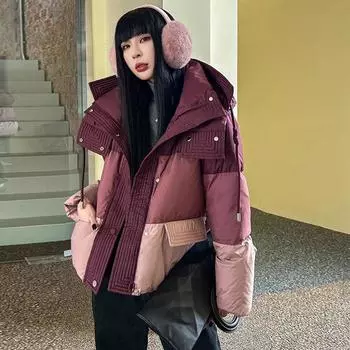 Контрастного цвета белая гусиная пуховая куртка женская короткая 2024 зимняя утолщенная модная маленькая морозостойкая куртка для хлеба прилив S