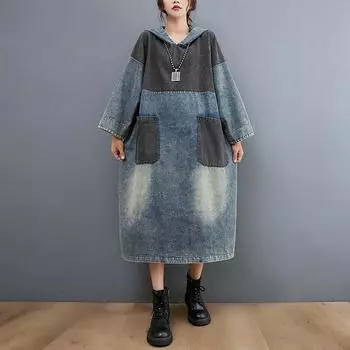Контрастного цвета джинсовое платье средней и длинной длины с капюшоном, женская старая полированная белая разрезная свободная юбка M синий