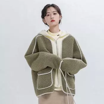 Контрастного цвета искусственный двухкомпонентный искусственный овечий мех с капюшоном женский зимний 2024 новый свободный кардиган на молнии утолщенный верхний слой пальто S