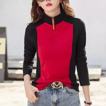 Контрастного цвета Повседневная хлопковая рубашка для женщин Осень и зима Новый стиль Молния воротник стойка Тонкая и модная футболка XXXL зелёный