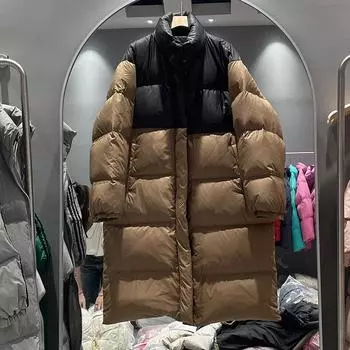 Контрастного цвета пуховик женский средней и длинной длины 2024 года, осень-зима, новая корейская версия, свободный утолщенный воротник-стойка, белый утиный пух S абрикосовый