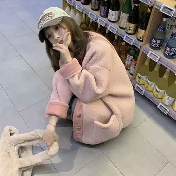 Контрастного цвета ретро куртка из овечьей шерсти женская одежда новая Xiaoxiangfeng студенческая свободная утолщенная теплая бейсбольная куртка M розовый
