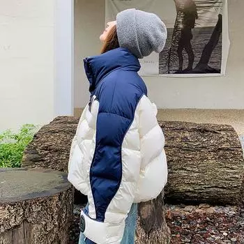 Контрастного цвета воротник-стойка пуховик женский короткий 2024 зима модный дизайн чувство сращивания утолщенный теплый маленький хлеб куртка S розовый