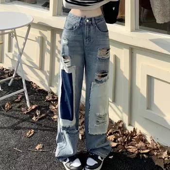 Контрастные цвета Прямые широкие джинсы для женщин Модные свободные рваные джинсы в стиле хип-хоп Женские брюки Уличные повседневные джинсовые брюки Lady 24252 S синий