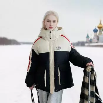 Контрастные цвета, сращивание пуховой одежды, женская зимняя дизайнерская одежда, короткая одежда с капюшоном, утепленные куртки, одежда из хлеба S темно-синий