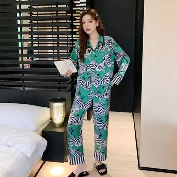 Контрастные цвета Зебра пижамы комплекты ночная рубашка Ice Silk домашняя одежда свободный пижамный костюм пижамы рубашка брюки 2 шт лацкан домашняя одежда M зелёный