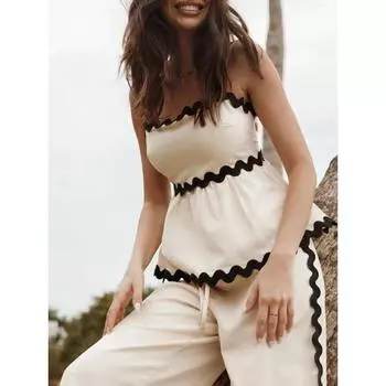 Контрастные цвета женские комплекты из 2 предметов элегантные эстетичные свободные летние 2024 женские укороченные топы без рукавов с высокой талией длинные брюки комплекты S чёрный