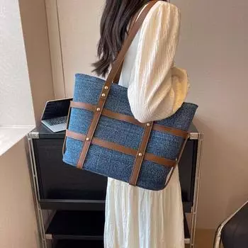Контрастные цветные сумки из джинсовой ткани, женские модные сумки большой вместимости, винтажные универсальные сумки через плечо для поездок на работу