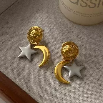 Контрастные цветные звезды, серьги-гвоздики «Солнце и Луна», атмосферная легкая роскошь, высококачественные серьги, уникальный дизайн, серьги «Холодный ветер» от знаменитостей золотой