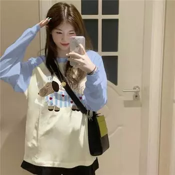 Контрастные футболки с длинным рукавом в стиле Харадзюку, весна-осень, хлопковая футболка с рисунком, женская повседневная футболка большого размера, женские топы Y2k M