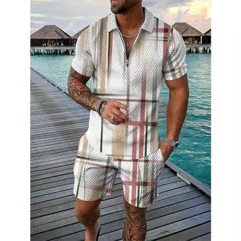 Контрастные летние мужские костюмы с лацканами, застежкой-молнией и принтом, короткий рукав, футболка, комплект из 2 предметов, повседневные шорты с карманами, спортивные костюмы, мужские спортивные комплекты из двух предметов M